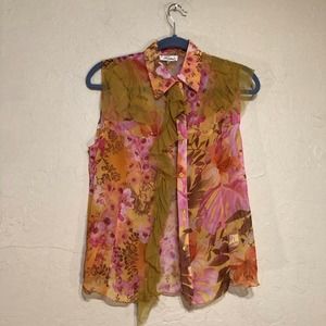 Kadra Paris Womens Shirt 3 Sheer Floral Sleeveless Button Down Blouse 3